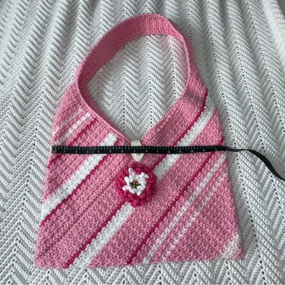 Handmade Pink and White Crochet Shoulder Bag with Faux Leather Snap Closure - Picture 6 of 9